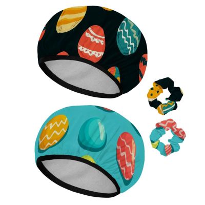 2 PCS Reusable Shower Caps with 2 Satin Scrunchies for Women, Large Waterproof Shower Bonnet Washable Elastic Band Bath Hair Hat for Long Hair, Easter Colorful Eggs (6)
