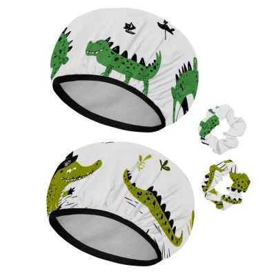 2 PCS Reusable Shower Caps with 2 Satin Scrunchies for Women, Large Waterproof Shower Bonnet Washable Elastic Band Bath Hair Hat for Long Hair, green crocodile (12)