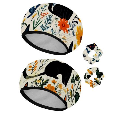 2 PCS Reusable Shower Caps with 2 Satin Scrunchies for Women, Large Waterproof Shower Bonnet Washable Elastic Band Bath Hair Hat for Long Hair, cute black cats and flowers (65)