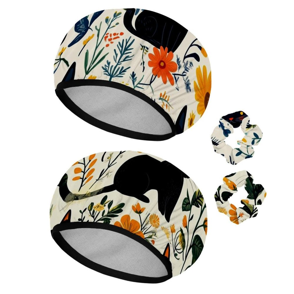 2 PCS Reusable Shower Caps with 2 Satin Scrunchies for Women, Large Waterproof Shower Bonnet Washable Elastic Band Bath Hair Hat for Long Hair, cute black cats and flowers (65)