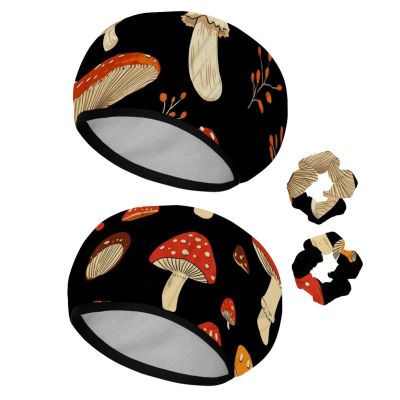 2 PCS Reusable Shower Caps with 2 Satin Scrunchies for Women, Large Waterproof Shower Bonnet Washable Elastic Band Bath Hair Hat for Long Hair, Black Mushroom (6)