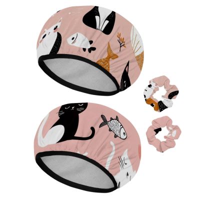 2 PCS Reusable Shower Caps with 2 Satin Scrunchies for Women, Large Waterproof Shower Bonnet Washable Elastic Band Bath Hair Hat for Long Hair, Black Brown Cats (6)
