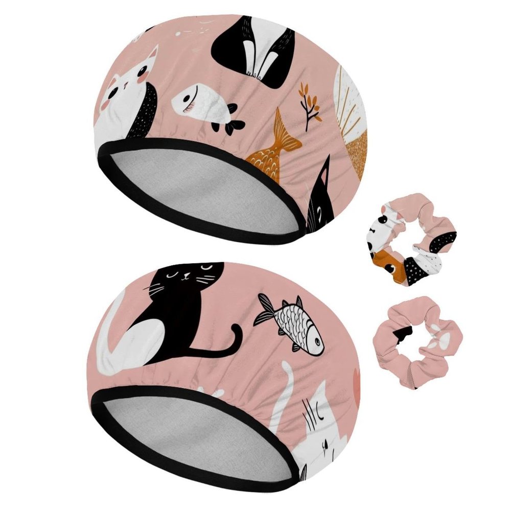 2 PCS Reusable Shower Caps with 2 Satin Scrunchies for Women, Large Waterproof Shower Bonnet Washable Elastic Band Bath Hair Hat for Long Hair, Black Brown Cats (6)