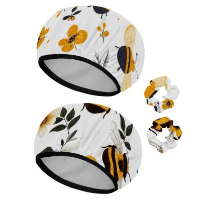 2 PCS Reusable Shower Caps with 2 Satin Scrunchies for Women, Large Waterproof Shower Bonnet Washable Elastic Band Bath Hair Hat for Long Hair, cute bee honey flower (12)