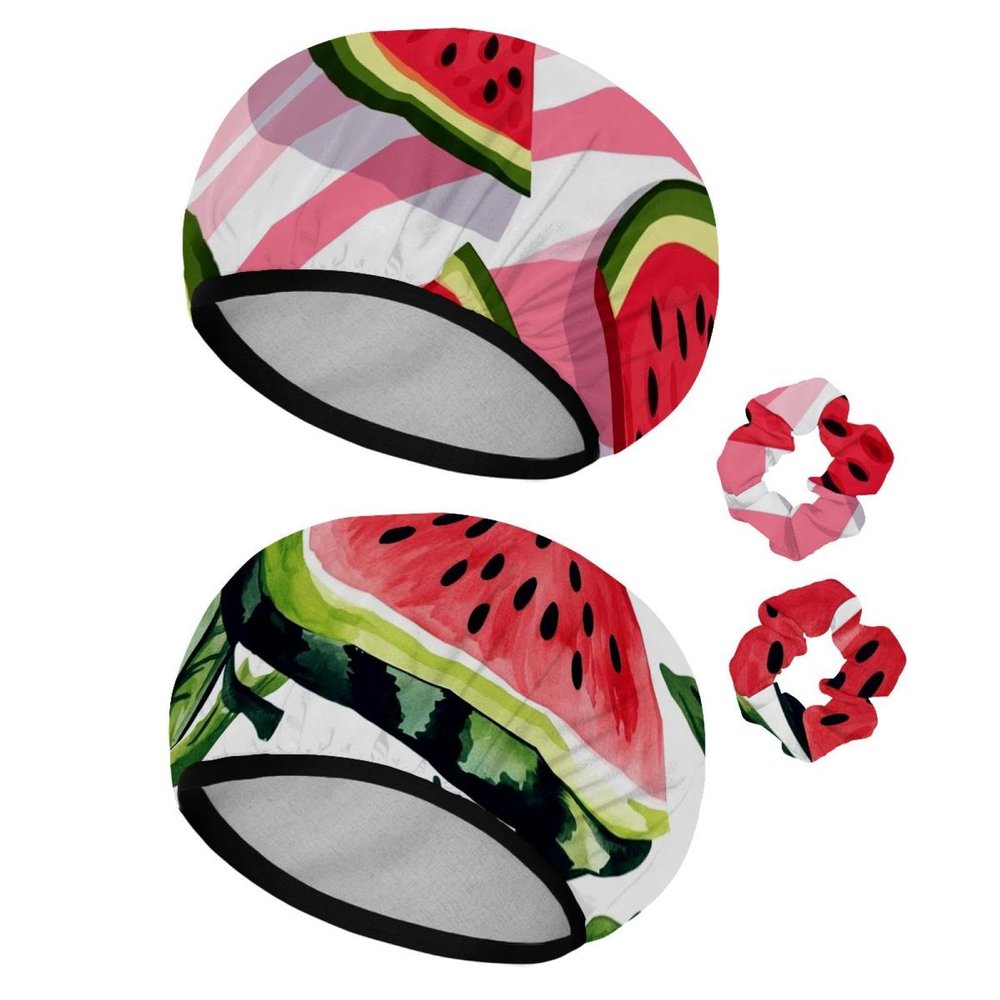 2 PCS Shower Cap for Women, _Watermelon (4) Shower Caps + 2 Satin Scrunchies, Waterproof Bath Caps Elastic and Reusable Hair Cap for Shower