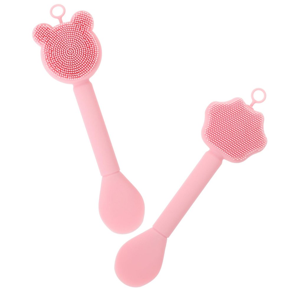 DEARMAMY 2 pcs Double-end Silicone Face Brush for Facial Cleansing and Mask Application Soft Cute Facial Scrubber for Deep Pores Cleaning and Smooth Skin Comfortable Grip Pink