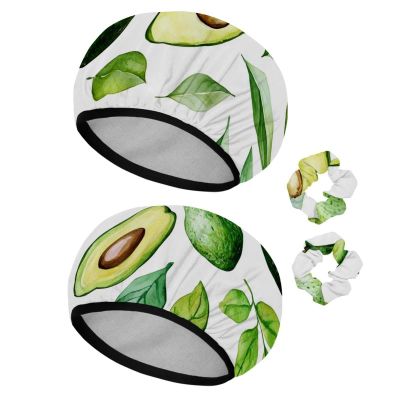 2 PCS Reusable Shower Caps with 2 Satin Scrunchies for Women, Large Waterproof Shower Bonnet Washable Elastic Band Bath Hair Hat for Long Hair, watercolor avocado (5)