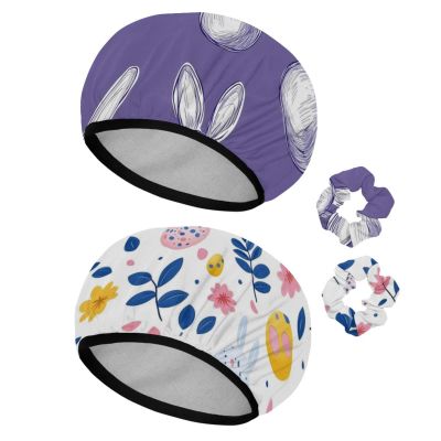 2 PCS Reusable Shower Caps with 2 Satin Scrunchies for Women, Large Waterproof Shower Bonnet Washable Elastic Band Bath Hair Hat for Long Hair, Rabbits Easter Eggs (3)