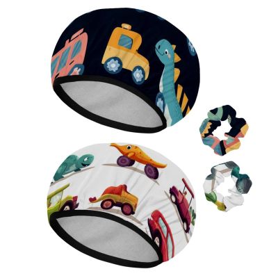 2 PCS Reusable Shower Caps with 2 Satin Scrunchies for Women, Large Waterproof Shower Bonnet Washable Elastic Band Bath Hair Hat for Long Hair, Cute Dino Toys