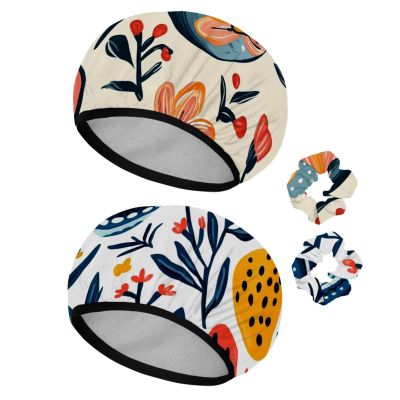 2 PCS Reusable Shower Caps with 2 Satin Scrunchies for Women, Large Waterproof Shower Bonnet Washable Elastic Band Bath Hair Hat for Long Hair, Happy Easter (3)
