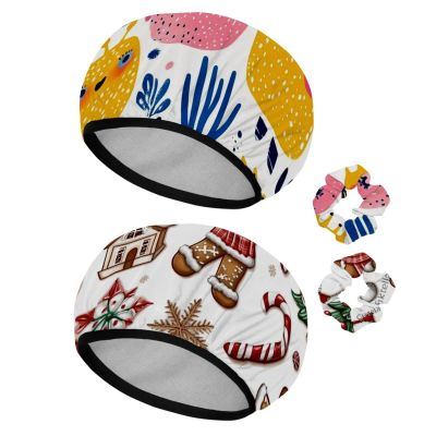 2 PCS Shower Cap for Women, fruit friends Shower Caps + 2 Satin Scrunchies, Waterproof Bath Caps Elastic and Reusable Hair Cap for Shower