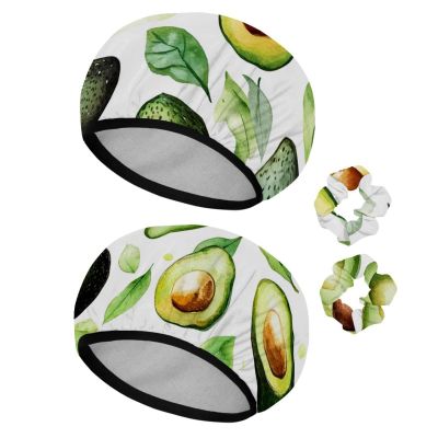 2 PCS Reusable Shower Caps with 2 Satin Scrunchies for Women, Large Waterproof Shower Bonnet Washable Elastic Band Bath Hair Hat for Long Hair, avocado pattern (4)