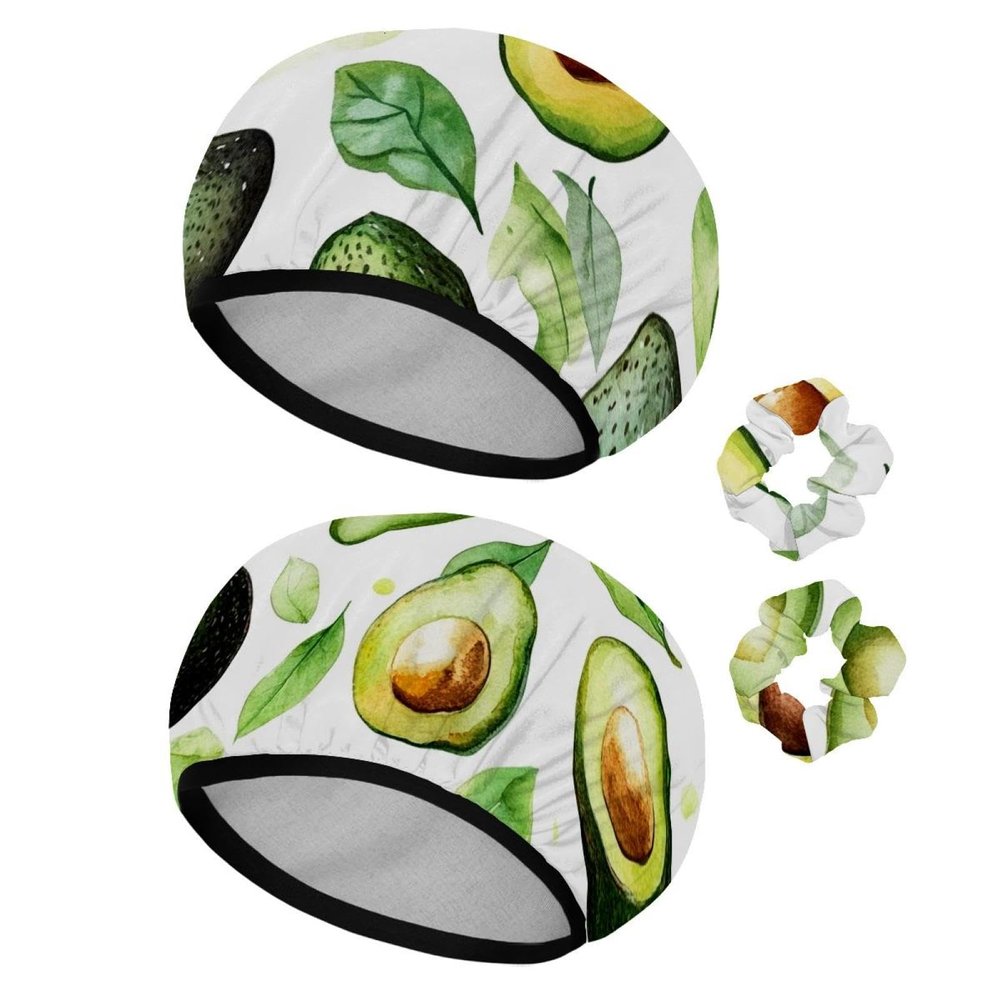 2 PCS Reusable Shower Caps with 2 Satin Scrunchies for Women, Large Waterproof Shower Bonnet Washable Elastic Band Bath Hair Hat for Long Hair, avocado pattern (4)