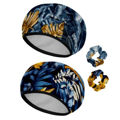 2 PCS Reusable Shower Caps with 2 Satin Scrunchies for Women, Large Waterproof Shower Bonnet Washable Elastic Band Bath Hair Hat for Long Hair, Cute dinosaur (1)