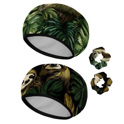 2 PCS Reusable Shower Caps with 2 Satin Scrunchies for Women, Large Waterproof Shower Bonnet Washable Elastic Band Bath Hair Hat for Long Hair, cute sloths and tropical palm leaves (12)