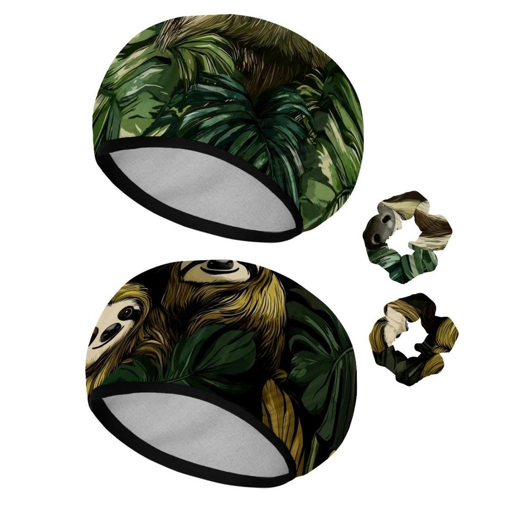 2 PCS Reusable Shower Caps with 2 Satin Scrunchies for Women, Large Waterproof Shower Bonnet Washable Elastic Band Bath Hair Hat for Long Hair, cute sloths and tropical palm leaves (12)