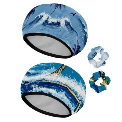 2 PCS Shower Cap for Women, summer island palm tree ocean wave (3) Shower Caps + 2 Satin Scrunchies, Waterproof Bath Caps Elastic and Reusable Hair Cap for Shower