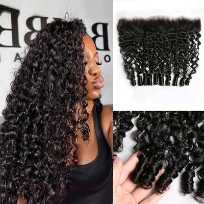 mianduan 13x4 Burmese Curly Frontal 100% Real Human Hair Water Wave 13x4 Frontal Burmese Curly Hair Transparent HD Lace Closure Natural Black 1B Color 14 Inch