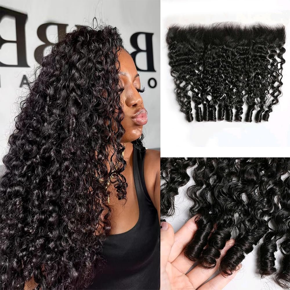 mianduan 13x4 Burmese Curly Frontal 100% Real Human Hair Water Wave 13x4 Frontal Burmese Curly Hair Transparent HD Lace Closure Natural Black 1B Color 14 Inch