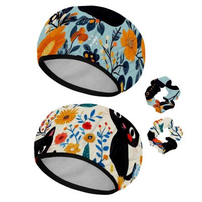 2 PCS Reusable Shower Caps with 2 Satin Scrunchies for Women, Large Waterproof Shower Bonnet Washable Elastic Band Bath Hair Hat for Long Hair, cute black cats and flowers (37)