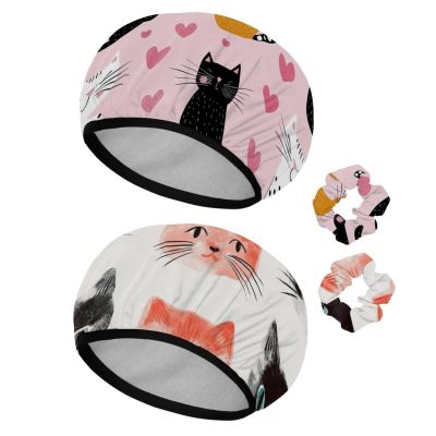 2 PCS Reusable Shower Caps with 2 Satin Scrunchies for Women, Large Waterproof Shower Bonnet Washable Elastic Band Bath Hair Hat for Long Hair, Cute Cats (4)
