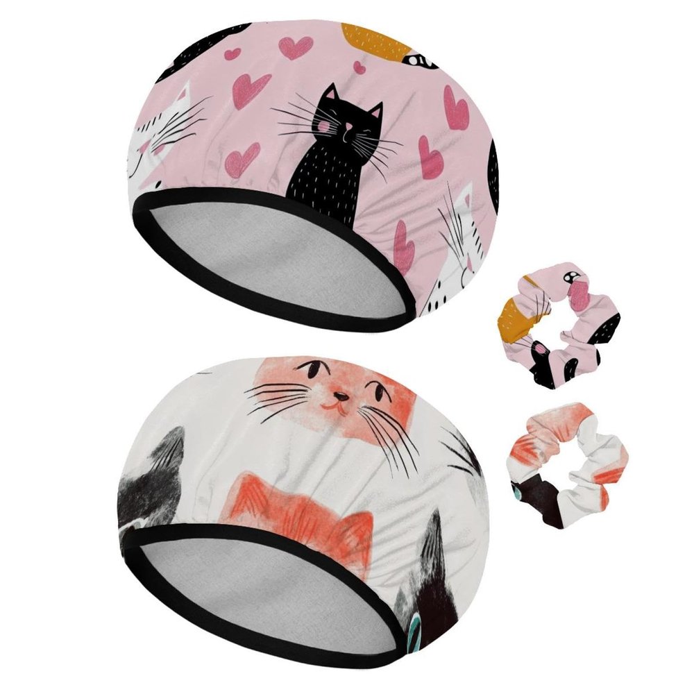 2 PCS Reusable Shower Caps with 2 Satin Scrunchies for Women, Large Waterproof Shower Bonnet Washable Elastic Band Bath Hair Hat for Long Hair, Cute Cats (4)