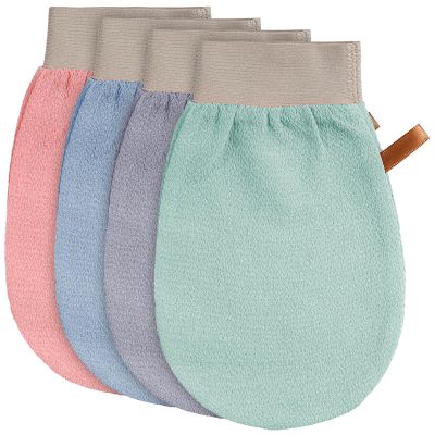 4 Pcs Exfoliating Glove Korean Exfoliating Mitt Body Exfoliator Glove Scrub Gloves Shower Gloves Dead Skin Remover for Body, Self-Tan Prep & Removal, Blue, Green, Black, Pink