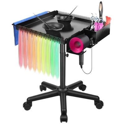 Salon Tray Hair Stylist Tray Organizer Box On Wheels Height Adjustable Salon Trolley 5-Star Base Dryer Wigs Towels Tools Holder
