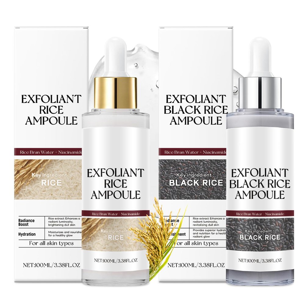 2Pcs Black and White Rice Peeling Ampoule  Black & White Rice Brightening Duo for Glowing Skin, Moisturizing Nourishing, Exfoliating Face and Body Scrub for All Skin Types