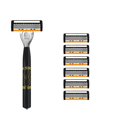 Stainless Steel Manual Razor Six-layer Reusable Blades Deliver Smooth Shaving Retro Wet/dry Dual-use Razor Features Scratch-resistant Design(1 handle 6 blades)