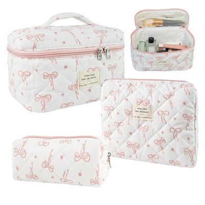 3Pcs Bow Makeup Bag Cotton Quilted Cute Makeup Bag Coquette Bow Large Travel Toiletry Pouch for Women Girls