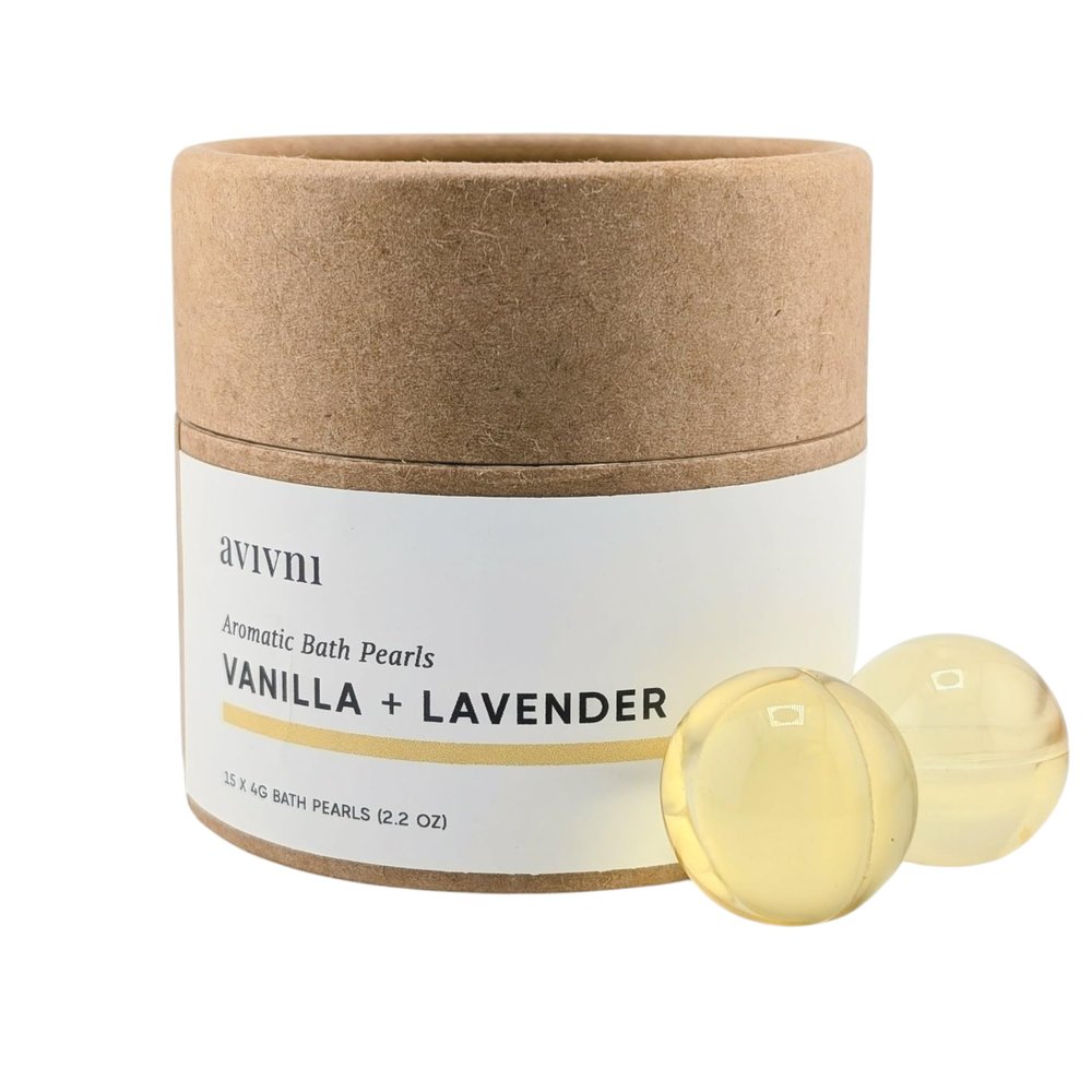 Avivni Moisturizing Bath Oil Beads (15 Pearls), Vanilla Lavender, Biodegradable, Recyclable Container, Mother's Day