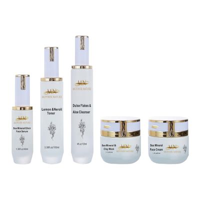 MN Mother Nature Sea Mineral 5-Piece Skincare Set Dulse Aloe Cleanser, Lemon Neroli Toner, Elixir Serum, Clay Mask & Face Cream Seaweed & Wakame for Renewed, Hydrated, and Brightened Skin