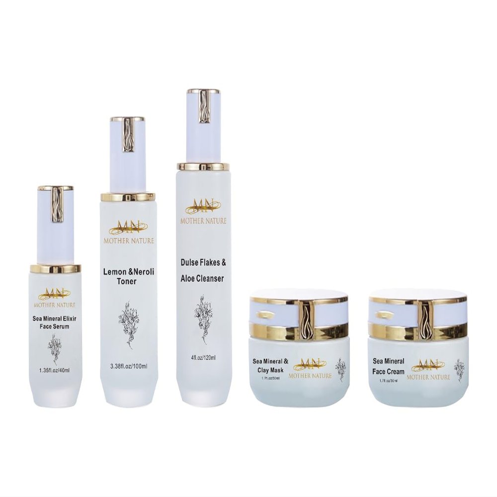 MN Mother Nature Sea Mineral 5-Piece Skincare Set  Dulse Aloe Cleanser, Lemon Neroli Toner, Elixir Serum, Clay Mask & Face Cream  Seaweed & Wakame for Renewed, Hydrated, and Brightened Skin