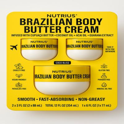 Brazilian Body Butter Cream 3-Pack  6 fl oz + (2) 3 fl oz  Cupuau Butter Infused, Fast-Absorbing, Non-Greasy Hydration