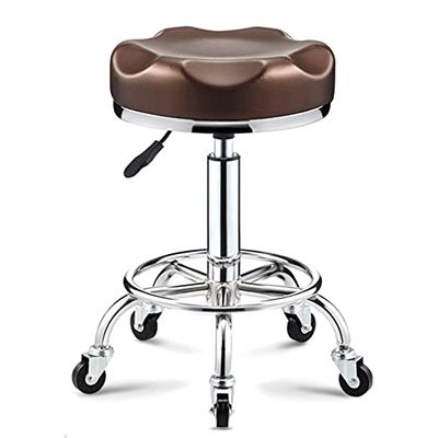 Adjustable Round Rolling Stool with Wheels, Thicker Soft PU Leather Seat, Swivel Shop Stool with Footrest for Hairdressing, SPA, Salon - Gold/Brown Finish