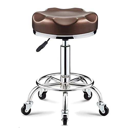 Adjustable Round Rolling Stool with Wheels, Thicker Soft PU Leather Seat, Swivel Shop Stool with Footrest for Hairdressing, SPA, Salon - Gold/Brown Finish