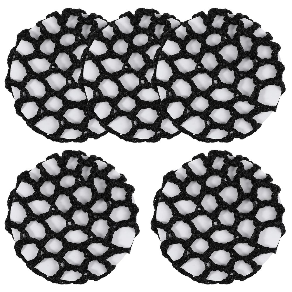 5Pcs Ballet Bun Hair Net for Girls, Reusable Hair Bun Covers for Women, Handmade Crochet Bun Mesh Cover, Stretchy Elastic Edge Thicker Knit Mesh, for Bank Clerk, Nurse, Ice Skater (Black)