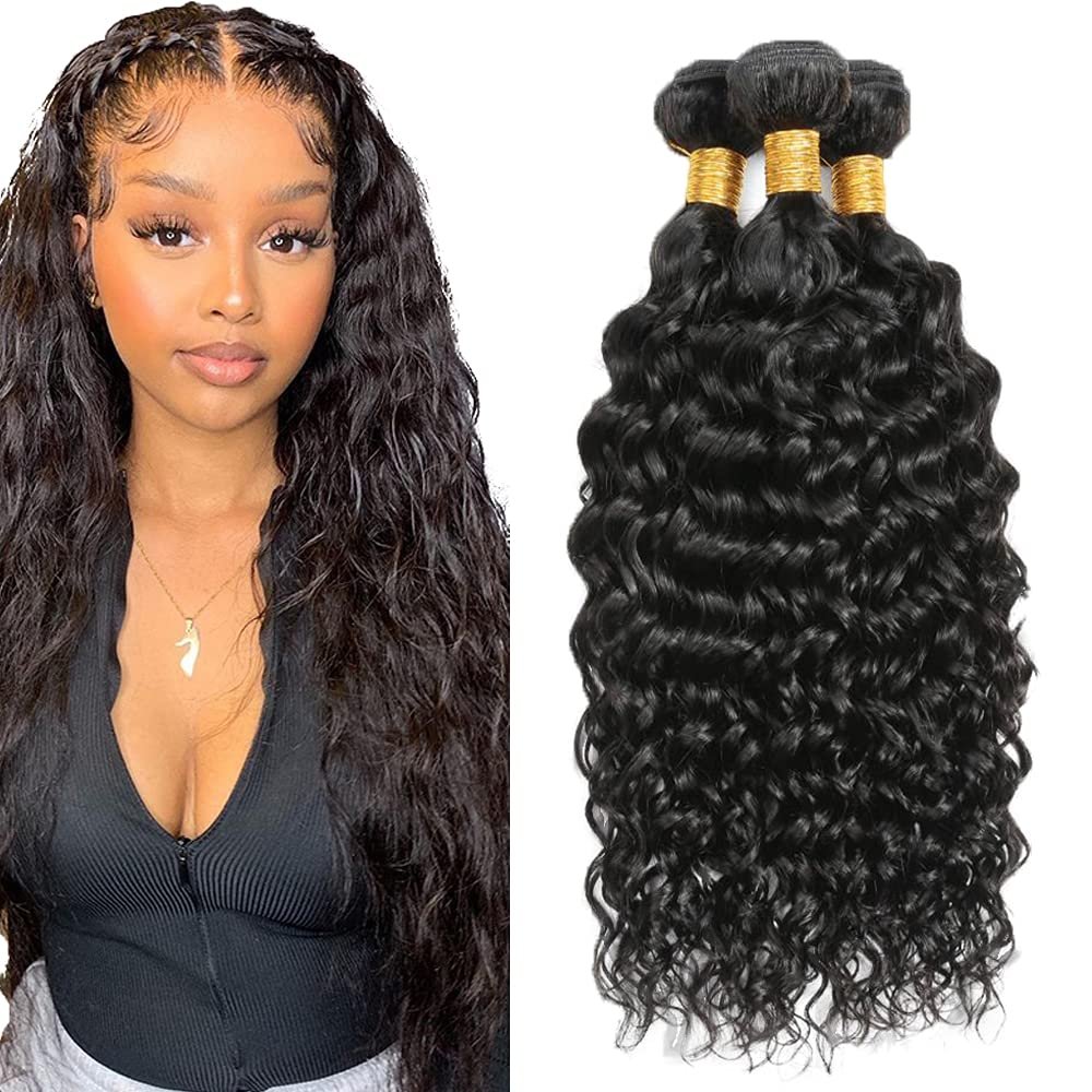 10 10 10 Inch #1B Nature Black Bundles Human Hair Water Wave 3 Bundles 100 Grams/Bundle 10A Grade Unprocessed Brazilian Virgin Hairs Water Wave Bundles Weaves Hair Extensions For Women