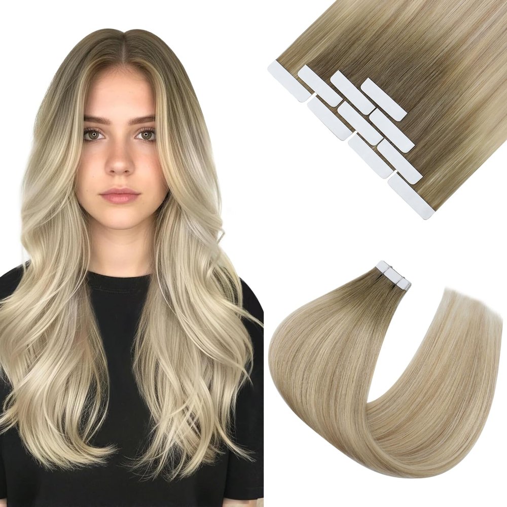 Ve Sunny Tape in Extensions Ash Blonde Mix Platinum Blonde Human Hair Tape in Extensions 14inch Tape ins Human Hair Extensions Invisible 10Pcs 25G