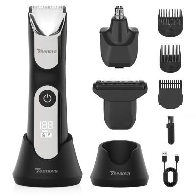 TEENOVA Electric Body Hair Trimmer Shaver - 3 in 1 Pubic Trimmer for Men - Bikini Trimmer for Women - No Nick Groin Ball Razor with Ceramic Blade Heads, Wireless Dock Charging, Wet/Dry Use (Silver)