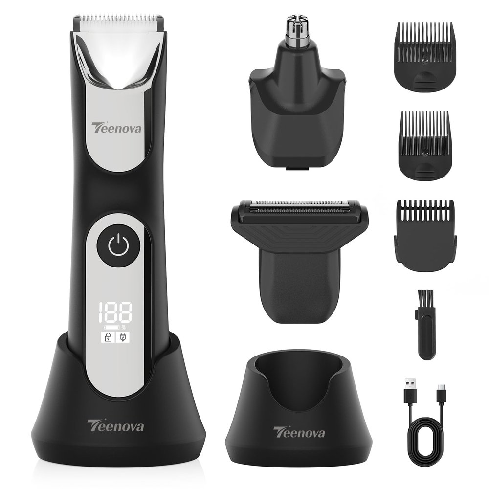 TEENOVA Electric Body Hair Trimmer Shaver - 3 in 1 Pubic Trimmer for Men - Bikini Trimmer for Women - No Nick Groin Ball Razor with Ceramic Blade Heads, Wireless Dock Charging, Wet/Dry Use (Silver)
