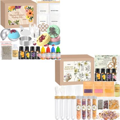 JUYRLE 2 in 1 Bath Bomb and Bath Salts Making Kit - Spa Craft Set for Adults to Make Your Own Shower Bombs & Sea Salt Scrubs with Lavender & Rose, Molds, Press, and Supplies, Gifts for Women & Men