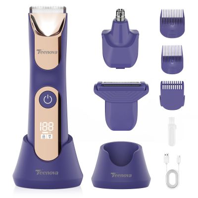 TEENOVA Electric Body Hair Trimmer - 3 in 1 Pubic Trimmer for Men - Bikini Trimmer for Women - No Nick Groin Ball Shaver Razor with Ceramic Blade Heads, Wireless Dock Charging, Wet/Dry Use (Purple)