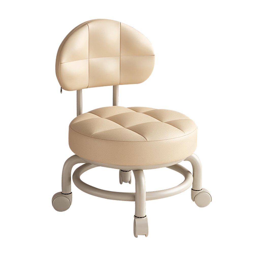 BAOTEDSL Low Rolling Seat with Backrest PU Leather Sofa Foot Rest Multipurpose Cleaning Pulley Stool Pedicure Stool for Salon Home Library Garage(Khaki)