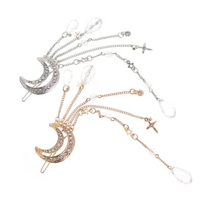VALICLUD 2Pcs Rhinestone Dangle Hairpins with Tassels Moon and Star Hair Jewels for Women and Decorative Bridal Clips for Wedding Party Festival Hair Accessories