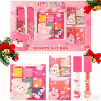 Cute Bear Makeup Gift Set for Girls Teens  Lip Gloss, Blush & 9 Color Eyeshadow Palette  Cute Makeup Kit for Beginners  Adorable Beauty Box for Birthday or Christmas Gift