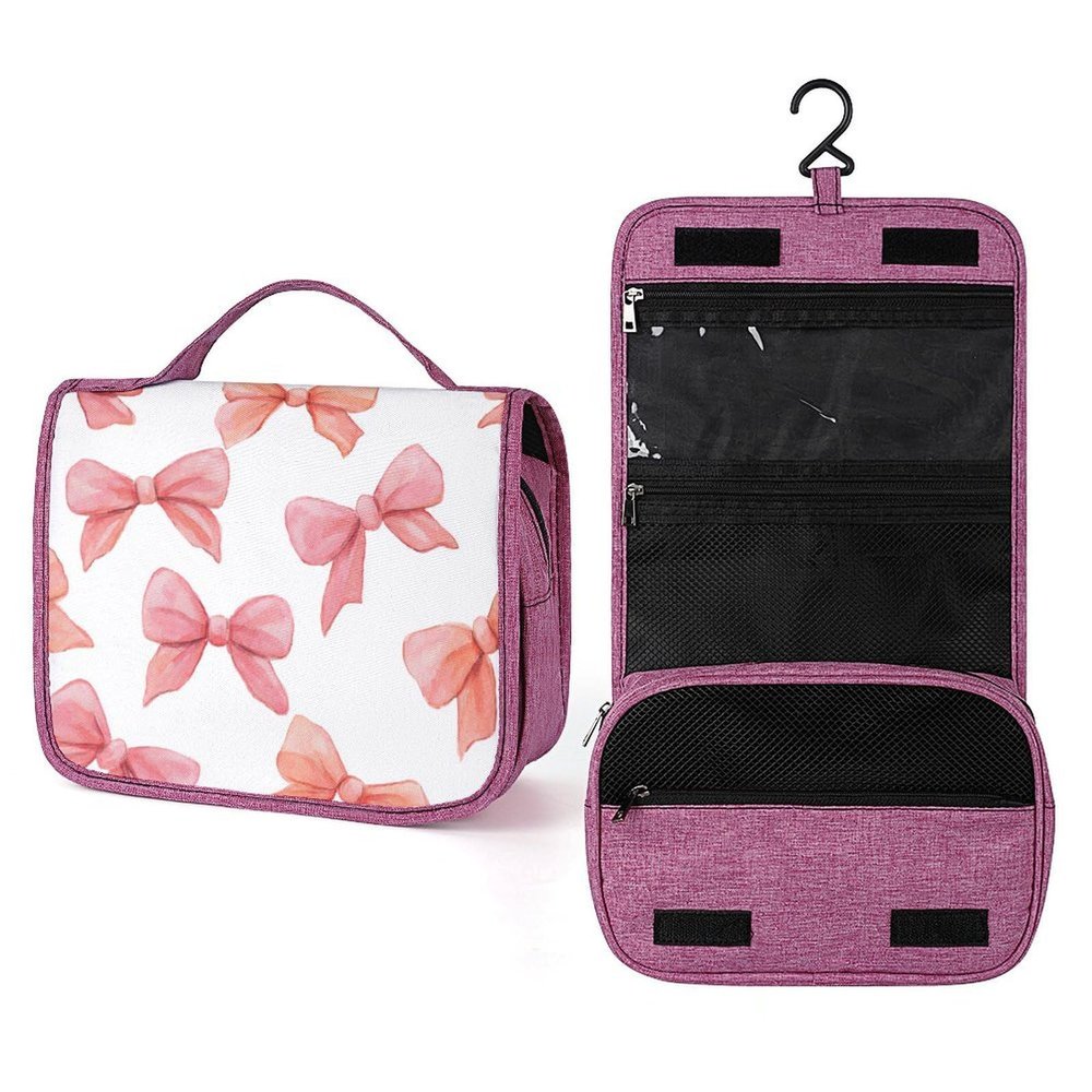 zxxpensy Pink Bows Hand-drawn Watercolor Travel Toiletry Bag for Women,Hanging Makeup Organizer with Hook for Shampoo