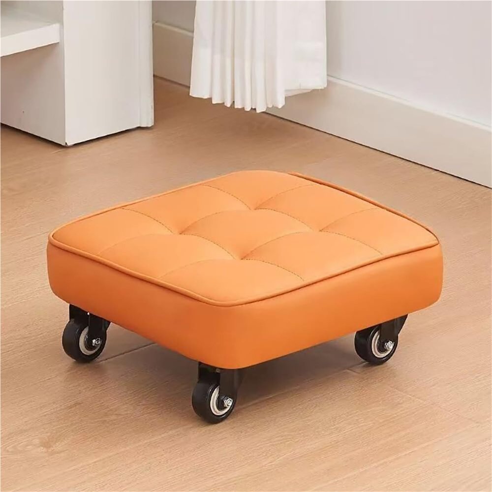BAOTEDSL Rolling Stool, Small Square Low Stool with Wheels, 360 Swivel Roller PU Leather Seat Chair for Home Office Pedicure Garage Shop(Orange)