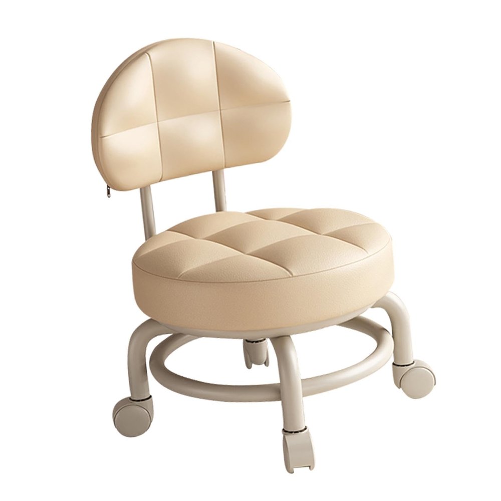 BAOTEDSL Low Rolling Seat with Backrest PU Leather Universal Swivel Caster Wheels Pedicure Stool Pulley Stool for Fitness Barber Shop Kitchen Salon(Khaki)